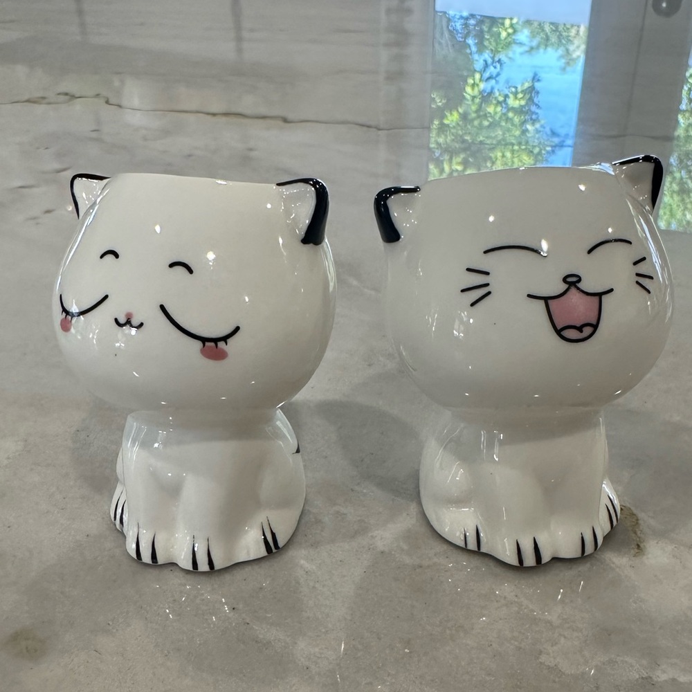 Cute White Ceramic Cat Planter Pair - Smiling & Blushing Faces